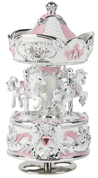 Pink & Silver Plated Horse Musical Carousel 20cm