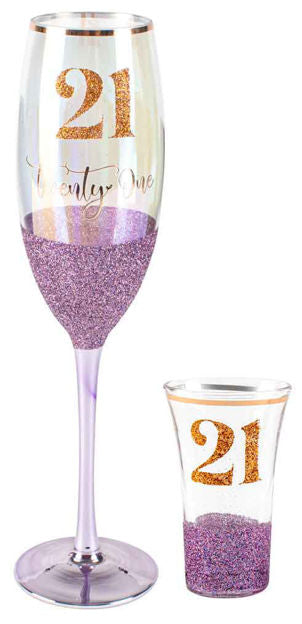 21st Birthday Champagne Glass & Shot Glass Set Glitterati