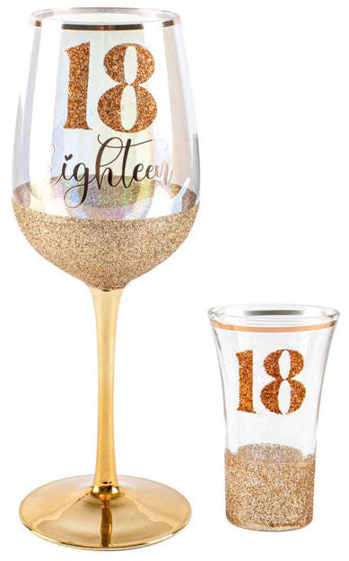 18th Birthday Wine Glass & Shot Glass Set Glitterati